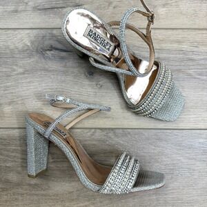 Badgley Mischka Embellished Block Heel Sandals Rhinestone Pearls Silver 7.5 READ